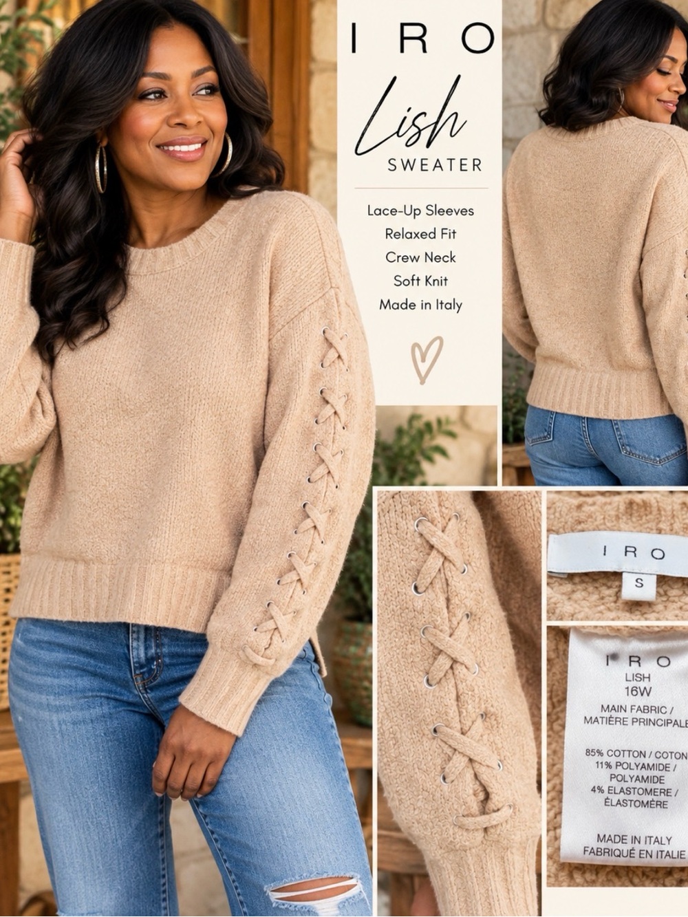 IRO Beige Lace-Up Sleeve Crewneck Sweater